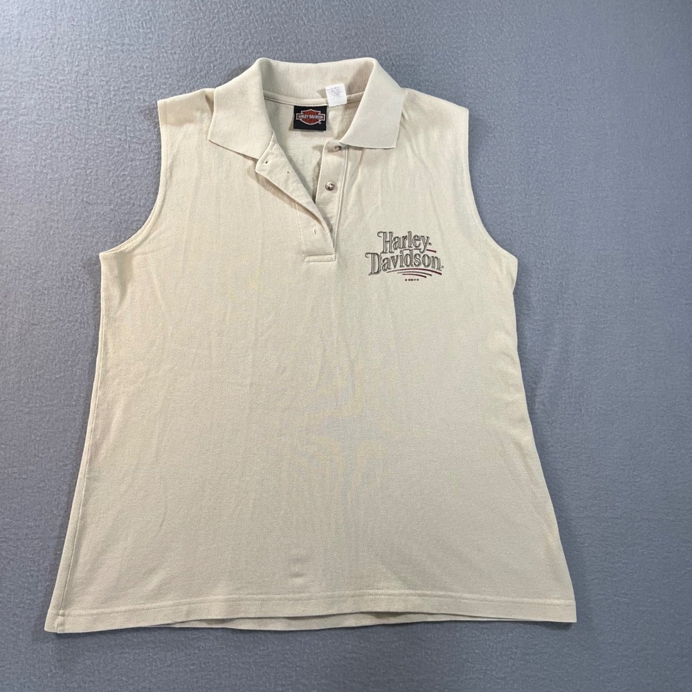 VTG Harley Davidson Sleeveless Polo Shirt Tan Shenandoah Virginia Women L Cotton